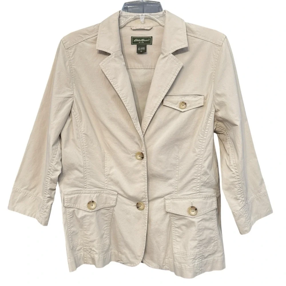 Eddie Bauer 12 Beige Cotton Stretch Utility Blazer Jacket 3/4 Sleeve Ripstop